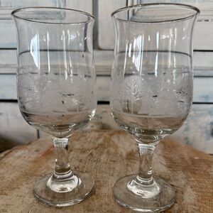 Set Of 2 Vintage~Libby Wine Glasses~Winter Snow Scene~Frosted Pine Trees